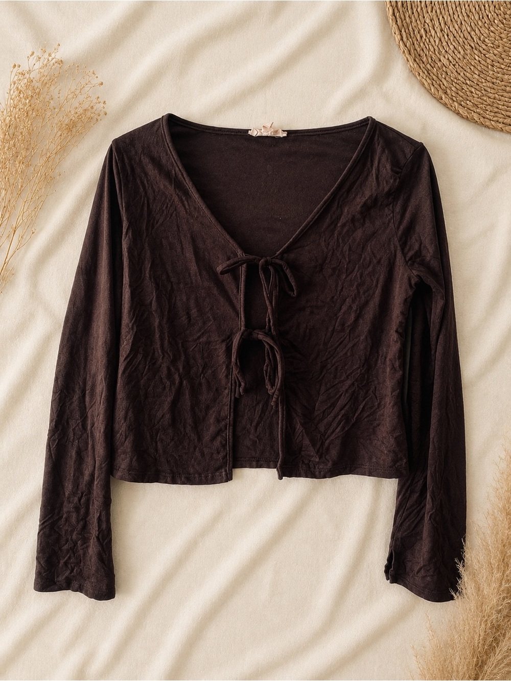 See You Monday Chocolate Tie-Front Long Sleeve Top